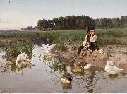 Nikolas Kornilievich Bodarevsky Ukrainian Girl Tending Geese oil painting